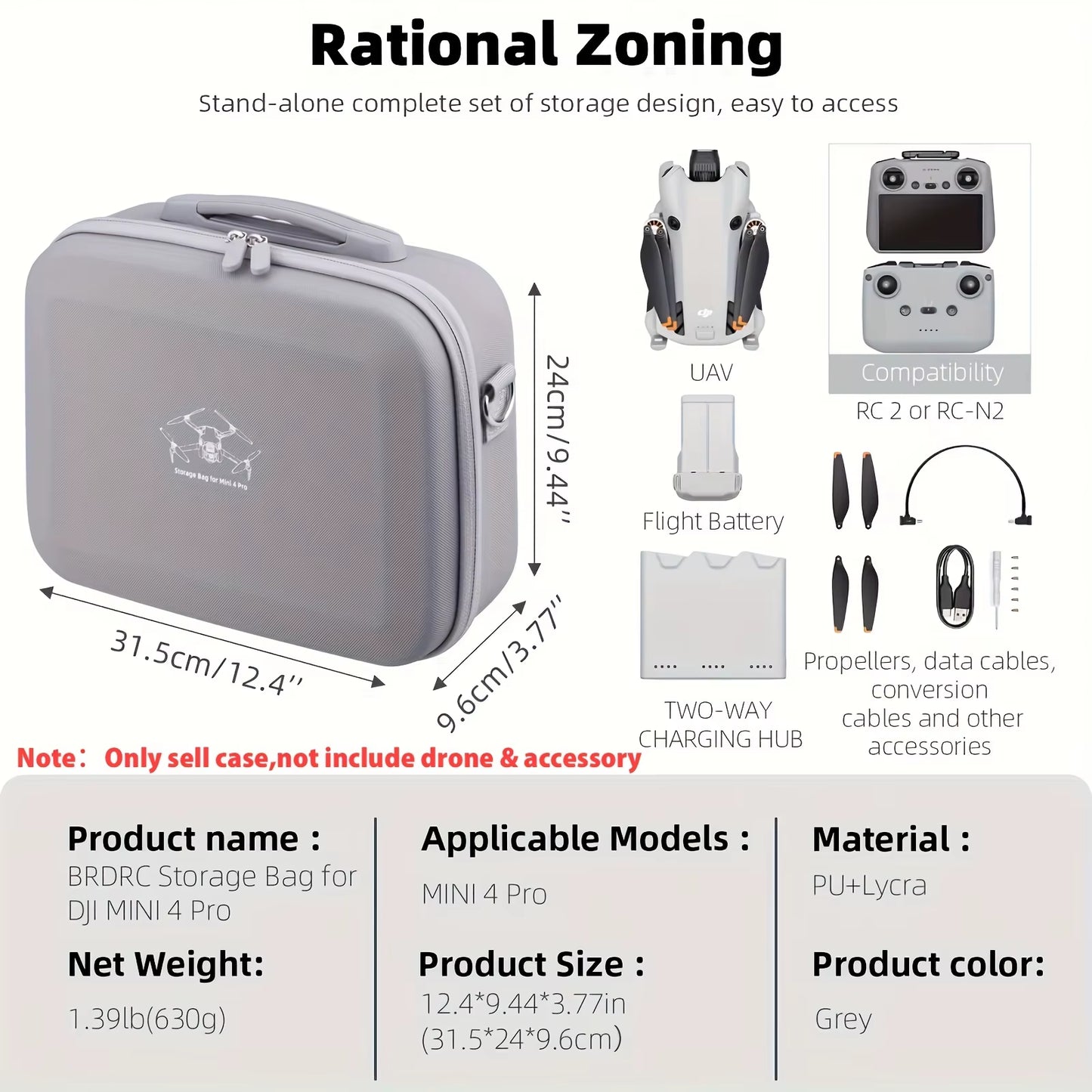 Mini 4 Pro RC 2 Case, Large Capacity Portable PU Leather Storage Bag for Mini 4 Pro Fly More Combo Drone RC2 Controller Kit