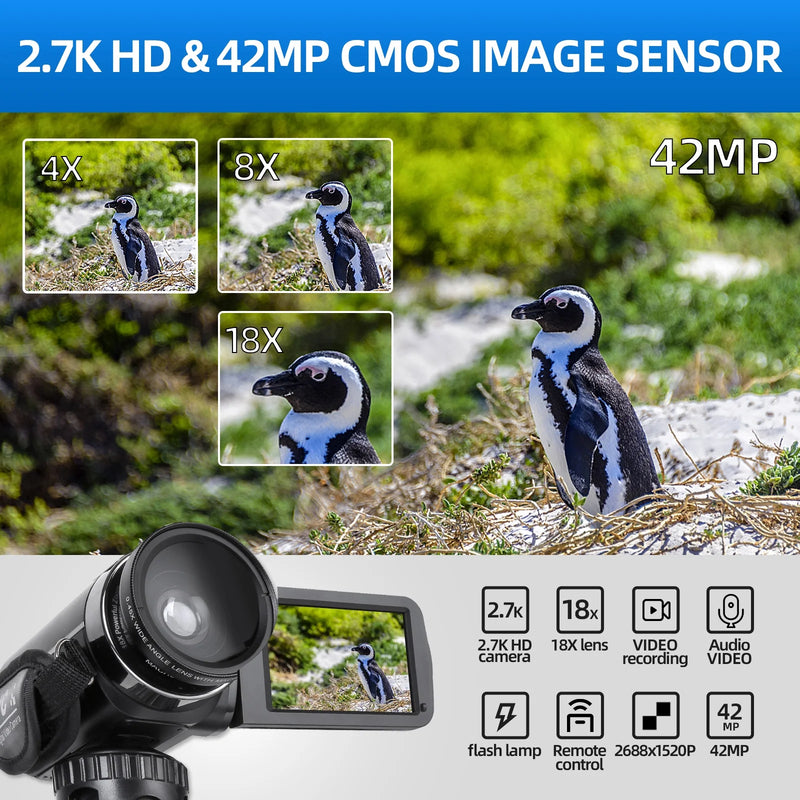 Video Camera 2.7K Ultra HD 42MP Youtube Vlogging Camera 3.0” Camcorder with Remote Control