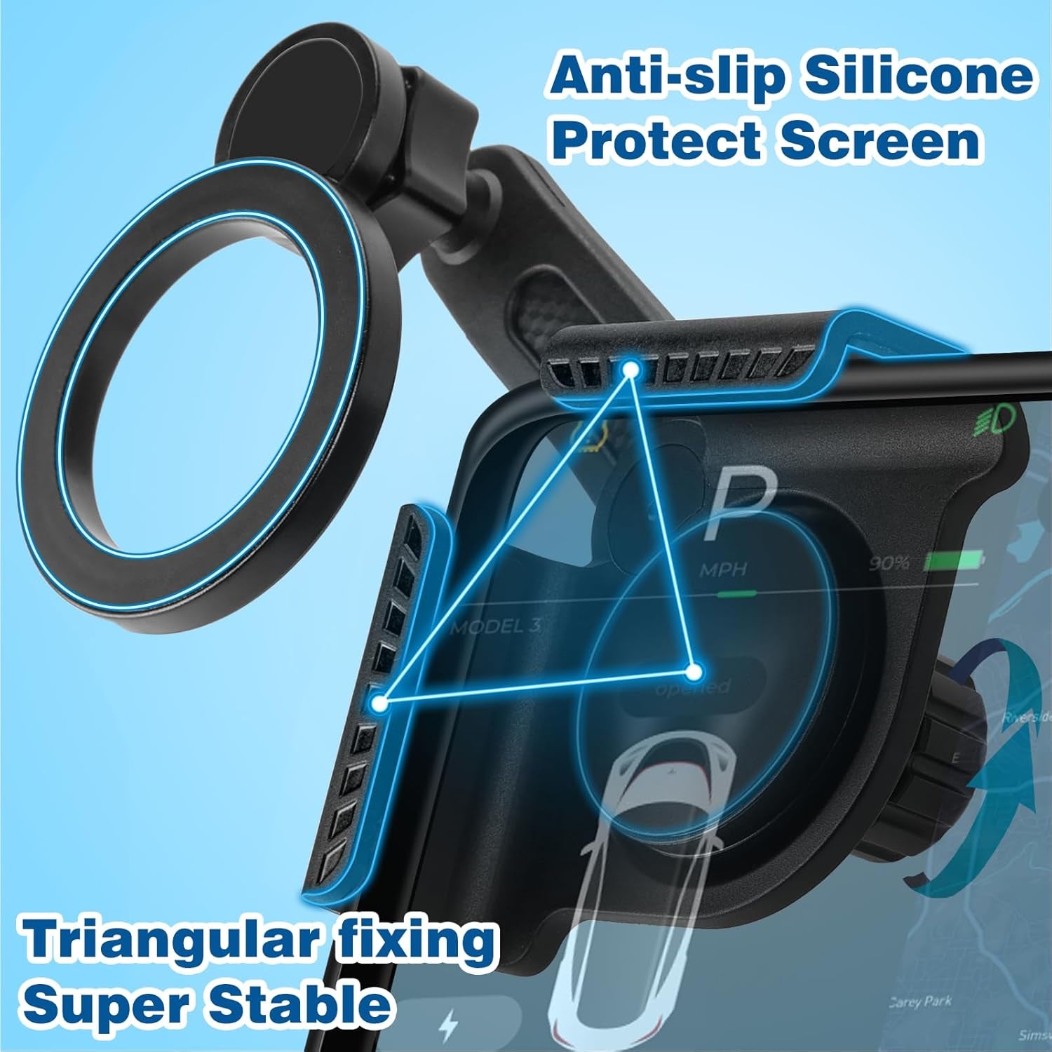 For Tesla Phone Mount, Magsafe Strongest Magnetic Tesla Phone Holder for Tesla Model 3/Model Y/Cybertruck Accessories 2024, No Glue for Car Phone Mount for Tesla with Magnetic Ring Fits for All Phone