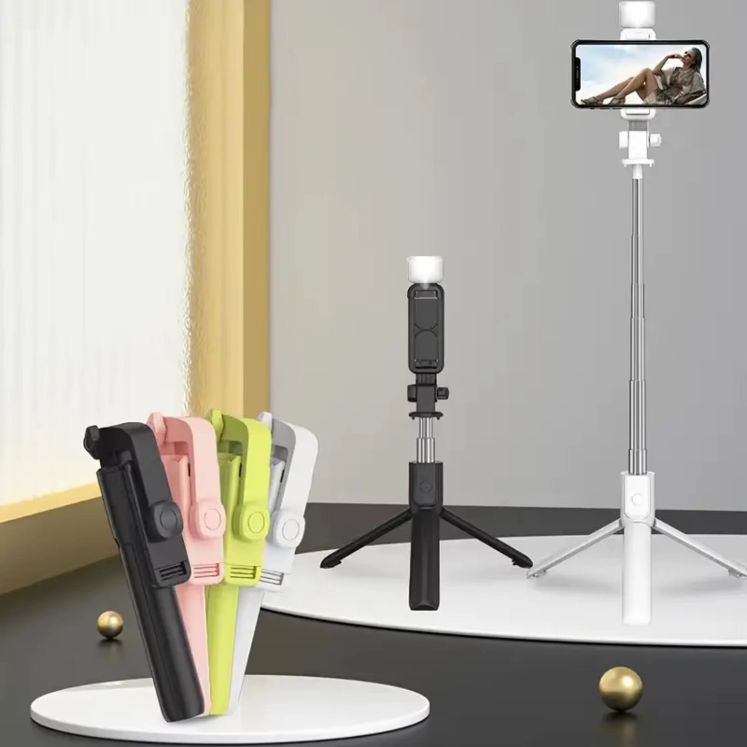 31"Multifunction Universal Self Timer Phone Holder,Scalable Portable Remote Selfie Stick Tripod with Fill Light, Integrated Vide