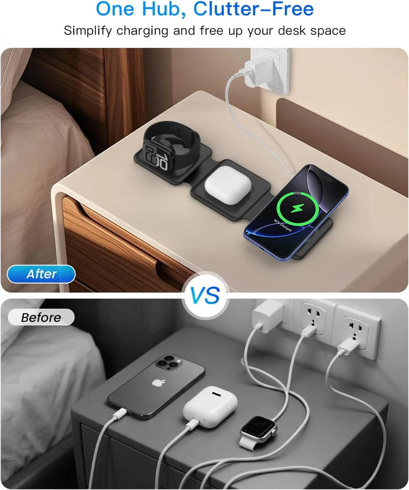 Magnetic Wireless Charger Compatible for Iphone: Fodable 3 in 1 Charging Station for Apple Multiple Devices - Travel Charging Pad Dock Compatible for Iphone 17 16 15 14 13 12 Pro Max plus & Airpod