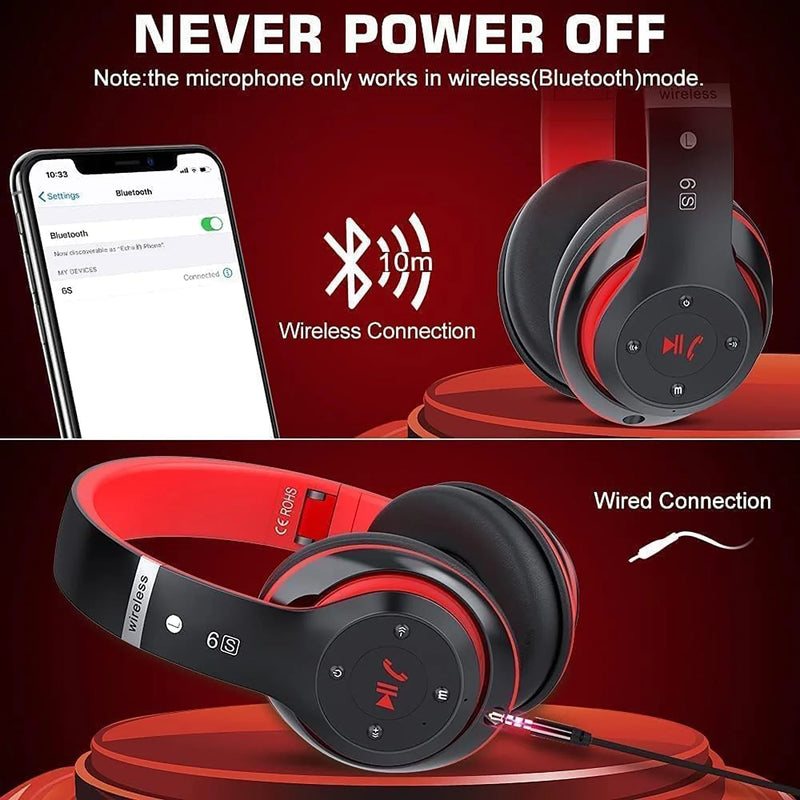 Bluetooth Headphones over Ear, Wireless Headphones Wired with 6 EQ Modes, 40 Hours Playtime Foldable Hifi Stereo Headset with Microphone, FM/TF for Cellphone/Pc/Work (Black & Red)